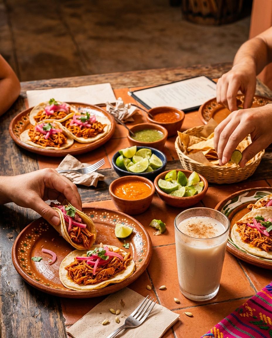 Mesa con cochinita pibil y platillos yucatecos